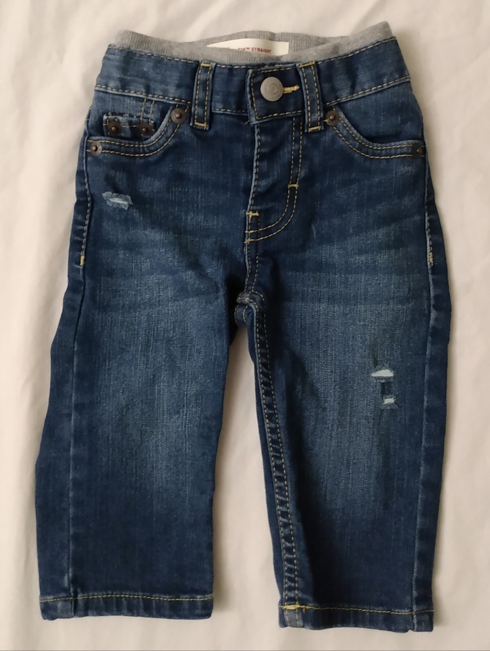 BOYS LEVIS 514 STRAIGHT DOUBLE WAIST DISTRESSED JEANS 6M BLUE DENIM GREY FLEECE